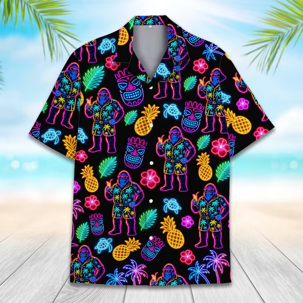 Funny Neon Bigfoot Shirt, Tiki Retro Hawaiian Beach Aloha Shirt