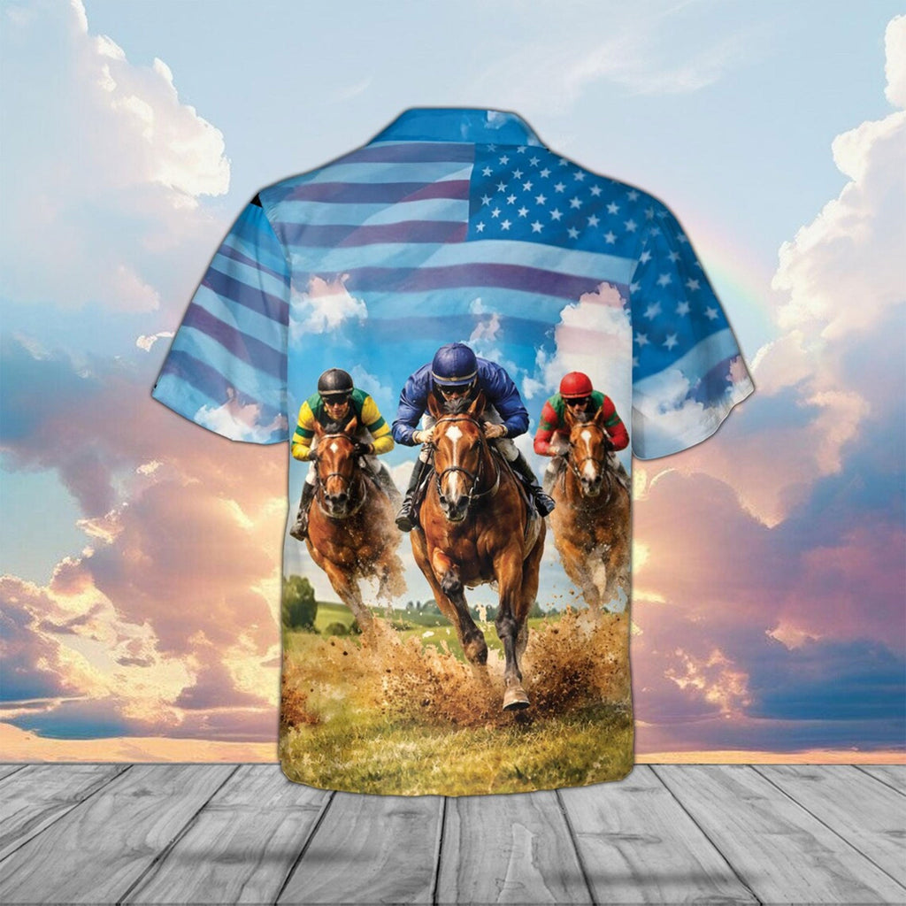 American Flag Horse Racing Hawaiian Shirt, USA Derby Patriotic Aloha Top