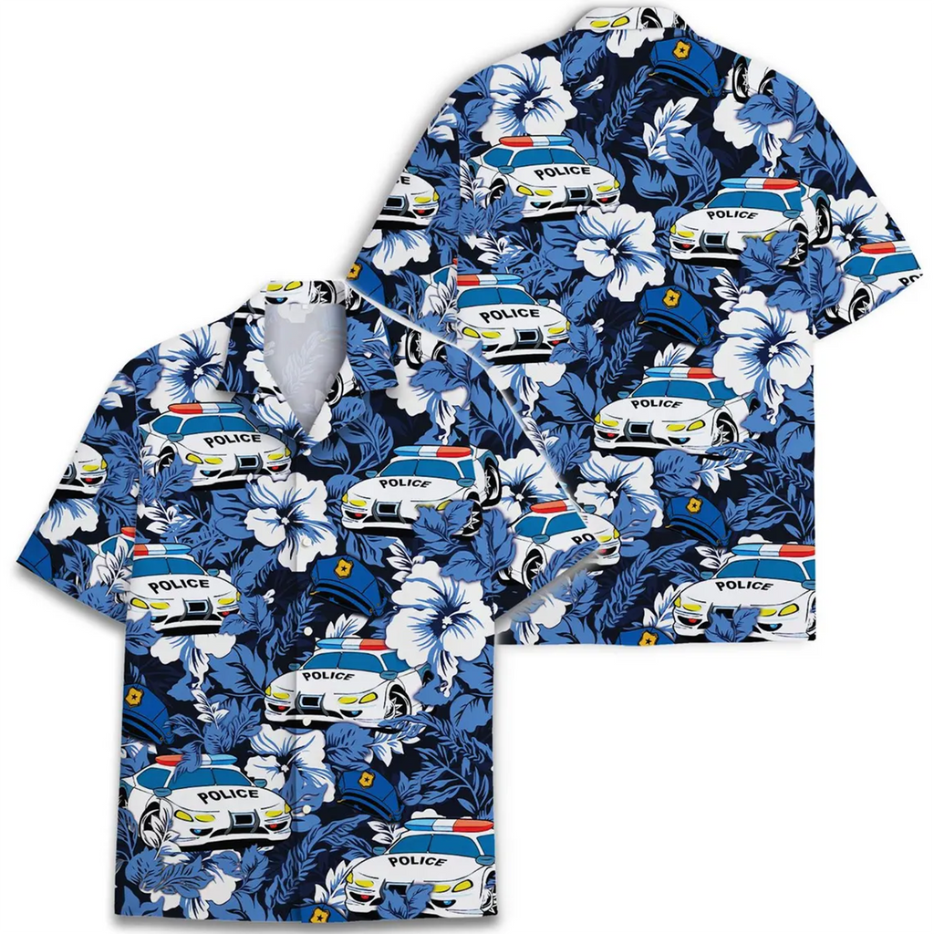 Blue Hibiscus Police Car Shirt Hawaiian Tropical Policeman Beach Wear