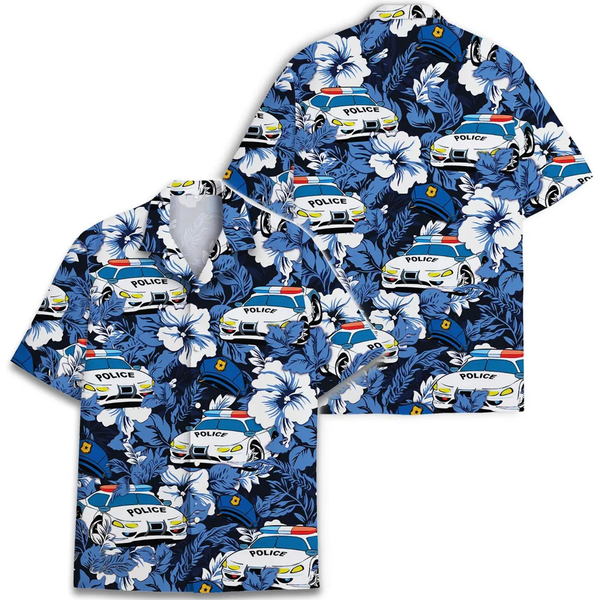 Blue Hibiscus Police Car Shirt Hawaiian Tropical Policeman Beach Wear