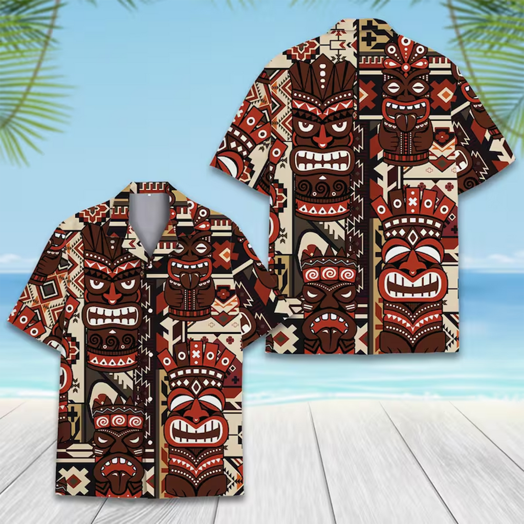 Tribal Tiki Aloha Shirt, Tropical Hawaiian Beach Vacation Shirt