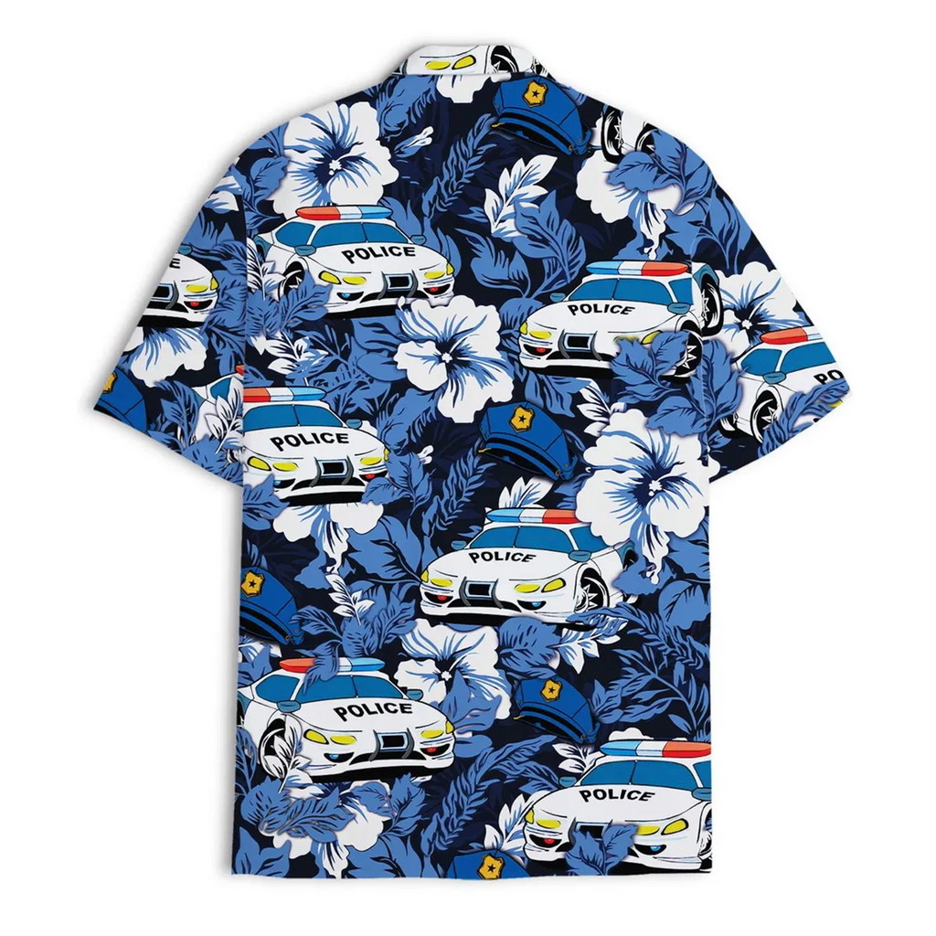 Blue Hibiscus Police Car Shirt Hawaiian Tropical Policeman Beach Wear
