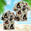 Funny Black Cat Hawaiian Shirt, Coconut Cat Tropical Print Button Up Beach Shirt