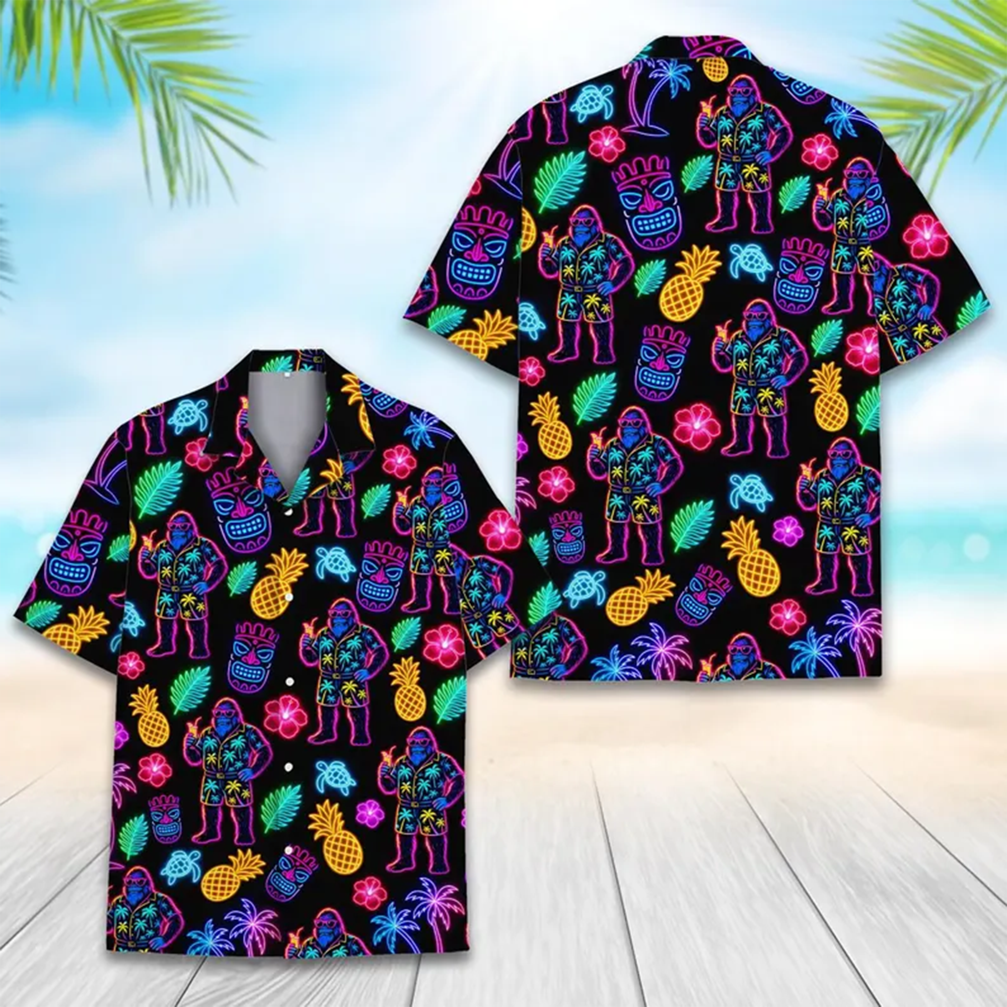 Funny Neon Bigfoot Shirt, Tiki Retro Hawaiian Beach Aloha Shirt