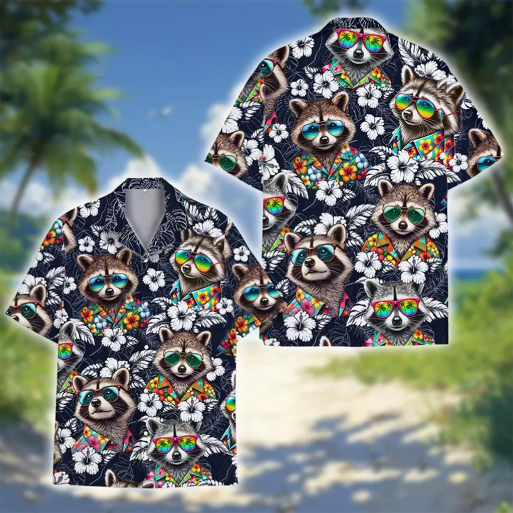 Raccoon Hibiscus Hawaiian Shirt Bright Tropical Summer Vacation Outfit