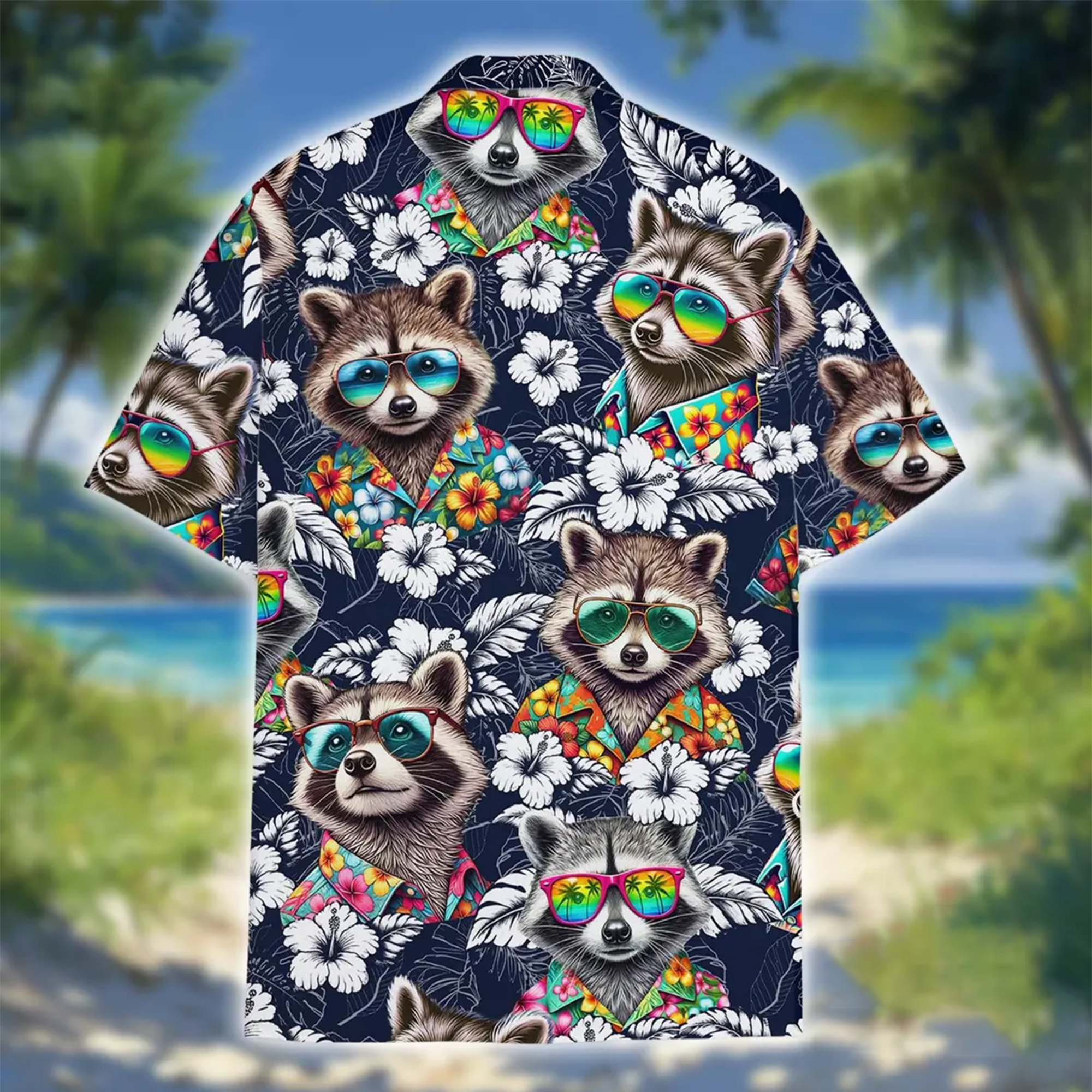 Raccoon Hibiscus Hawaiian Shirt Bright Tropical Summer Vacation Outfit
