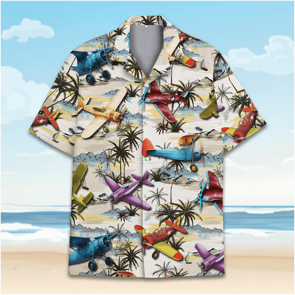 Vintage Airplane Hawaiian Shirt  Retro Propeller Plane Aloha Shirt Tropical Island Palm Tree Button Up