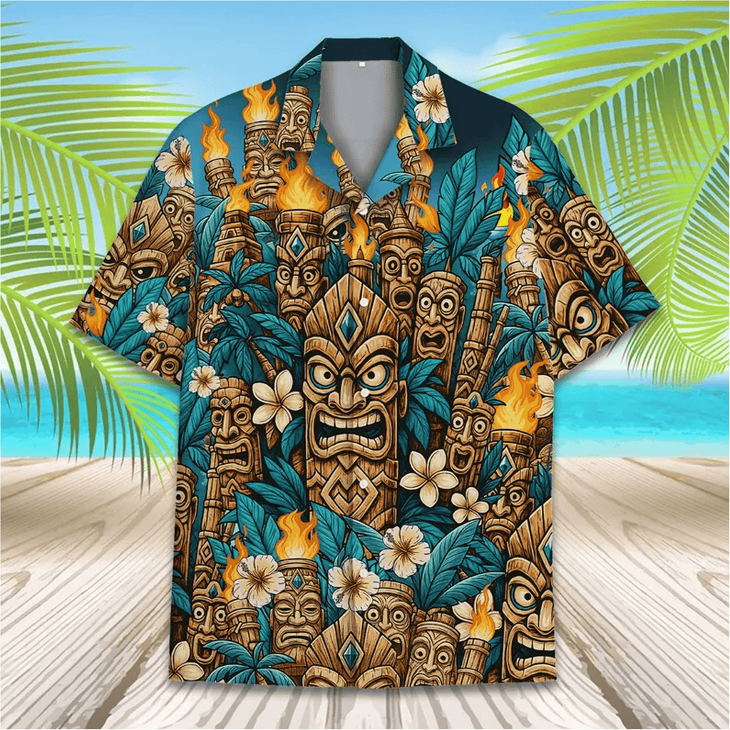 Colorful Tiki Tropical Hawaiian Shirt Tiki Torch Aloha Shirt Summer Beach Button Down for Men Women Youth