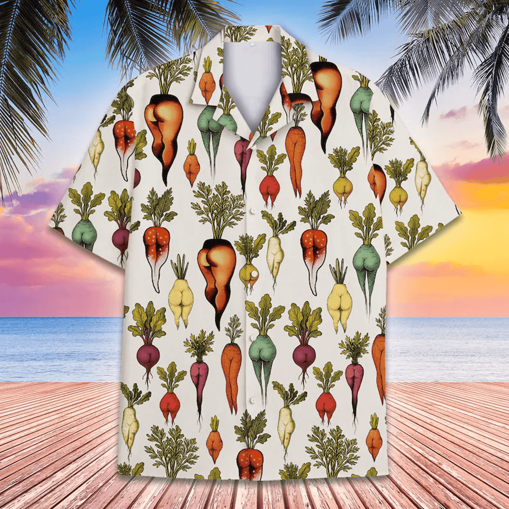 Funny Vegetable Butt Hawaiian Shirt Tropical Garden Aloha Shirt Summer Beach Button Down for Men Women Youth
