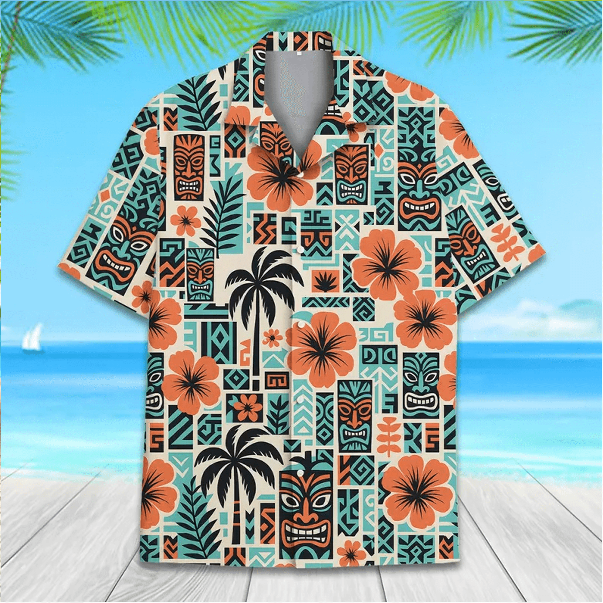 Retro Tiki Hawaiian Shirt  Vintage Tribal Island Aloha Shirt Tiki Face Hibiscus Button Down