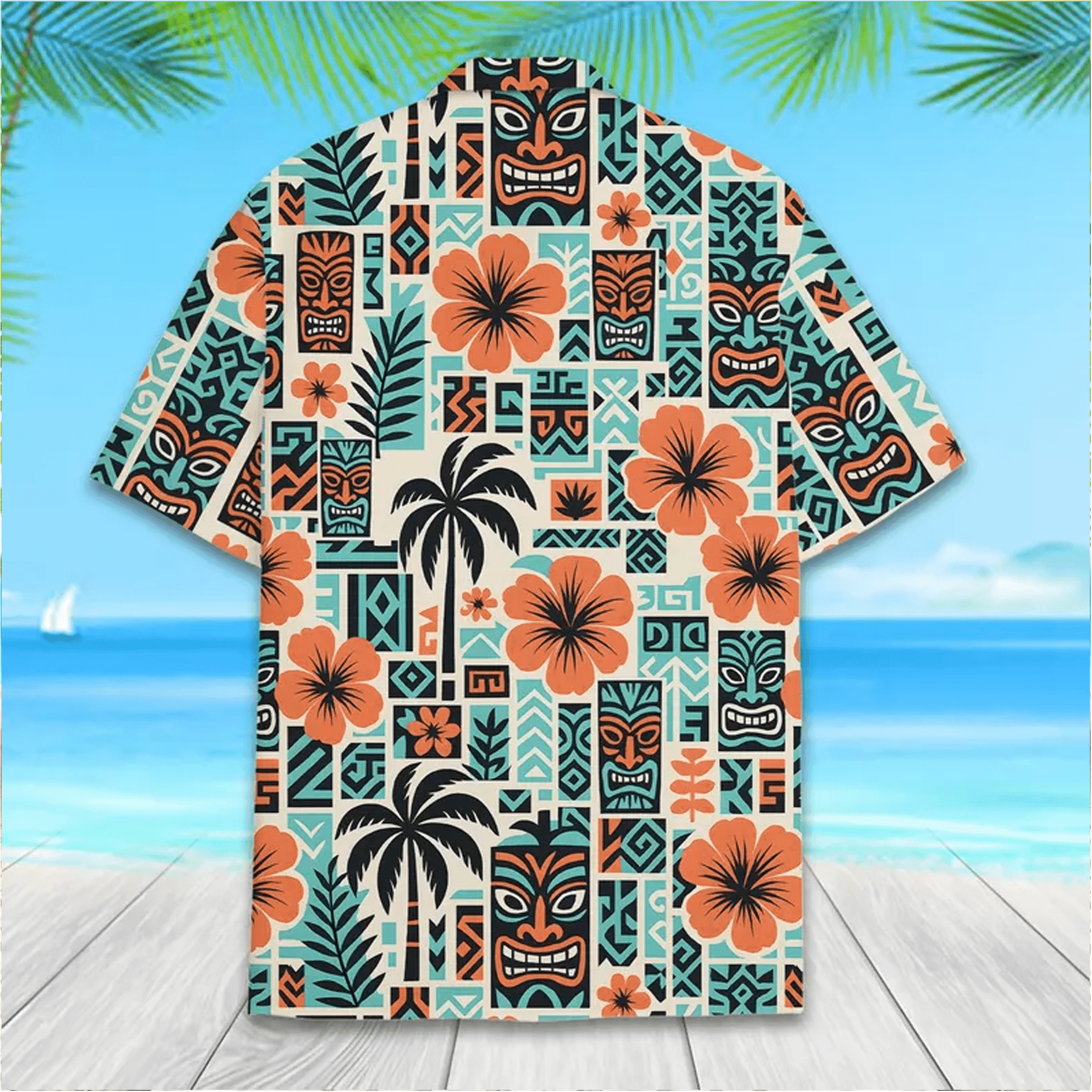 Retro Tiki Hawaiian Shirt  Vintage Tribal Island Aloha Shirt Tiki Face Hibiscus Button Down