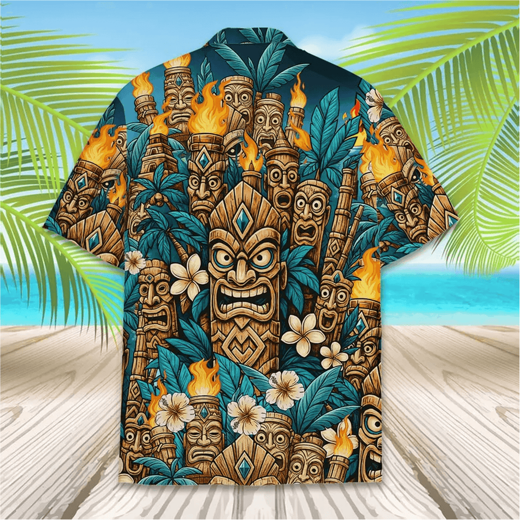 Colorful Tiki Tropical Hawaiian Shirt Tiki Torch Aloha Shirt Summer Beach Button Down for Men Women Youth