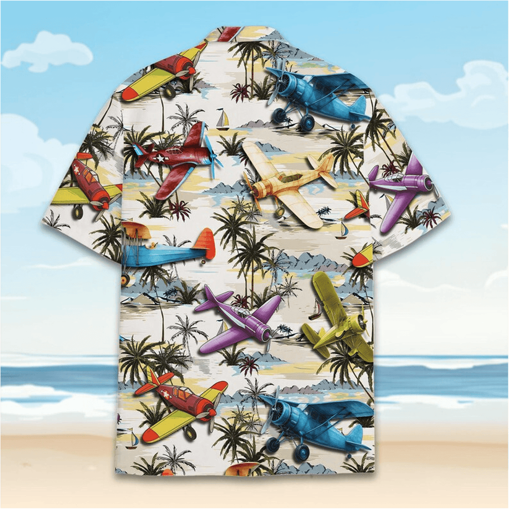 Vintage Airplane Hawaiian Shirt  Retro Propeller Plane Aloha Shirt Tropical Island Palm Tree Button Up
