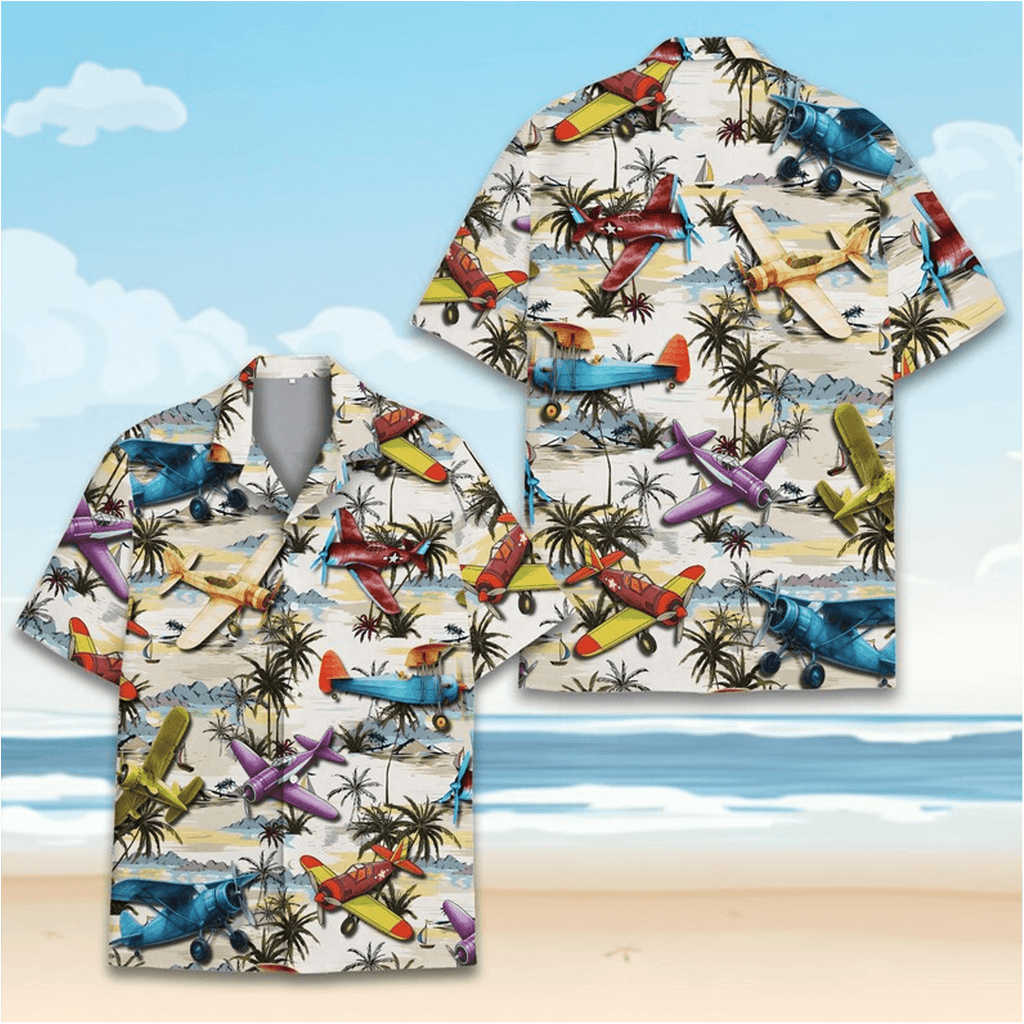 Vintage Airplane Hawaiian Shirt  Retro Propeller Plane Aloha Shirt Tropical Island Palm Tree Button Up