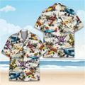Vintage Airplane Hawaiian Shirt  Retro Propeller Plane Aloha Shirt Tropical Island Palm Tree Button Up