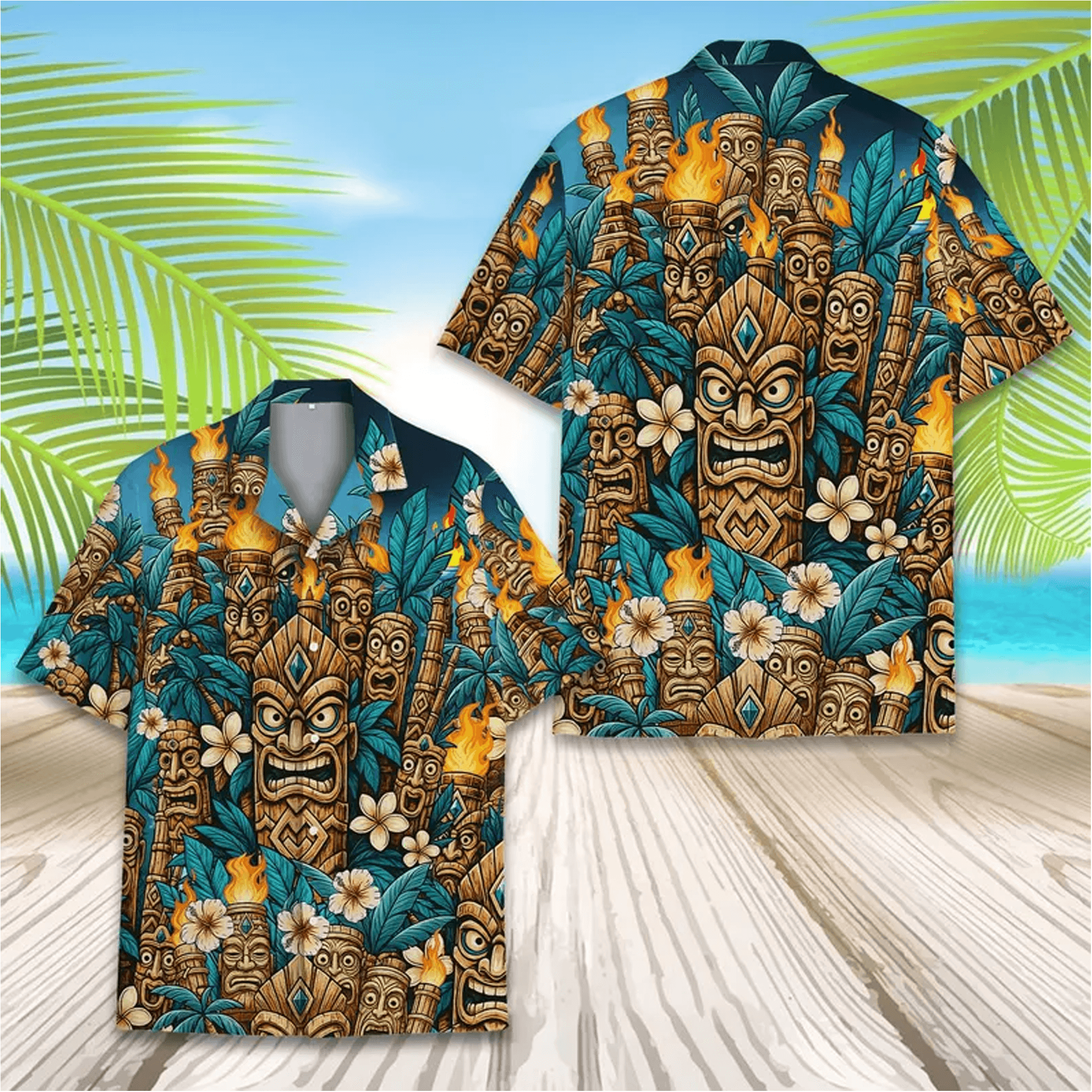 Colorful Tiki Tropical Hawaiian Shirt Tiki Torch Aloha Shirt Summer Beach Button Down for Men Women Youth
