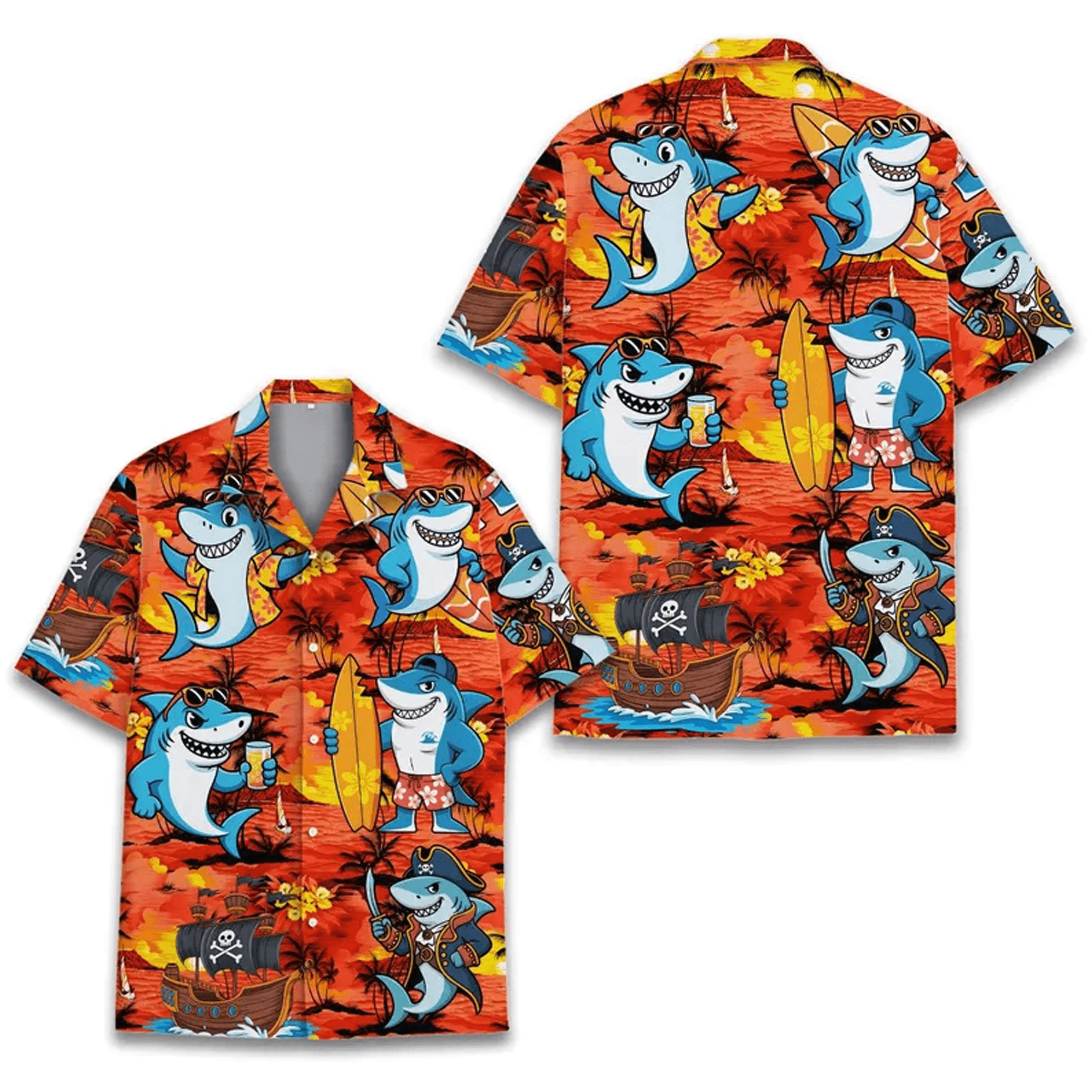 Surfing Shark Hawaiian Shirt  Funny Pirate Shark Aloha Shirt Beach Vacation Button Up for Men Women Youth
