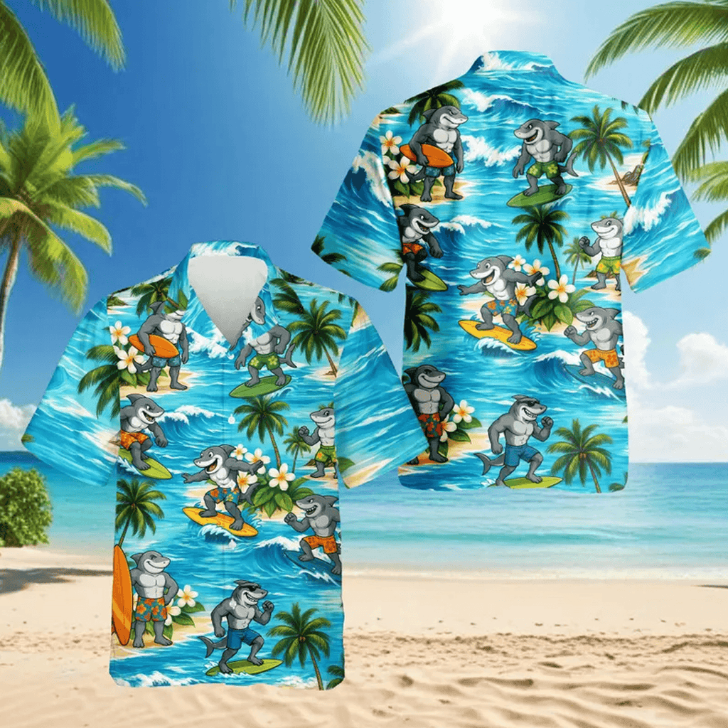 Funny Surfing Shark Hawaiian Shirt Tropical Aloha Button Down Summer Beach Party Shirt