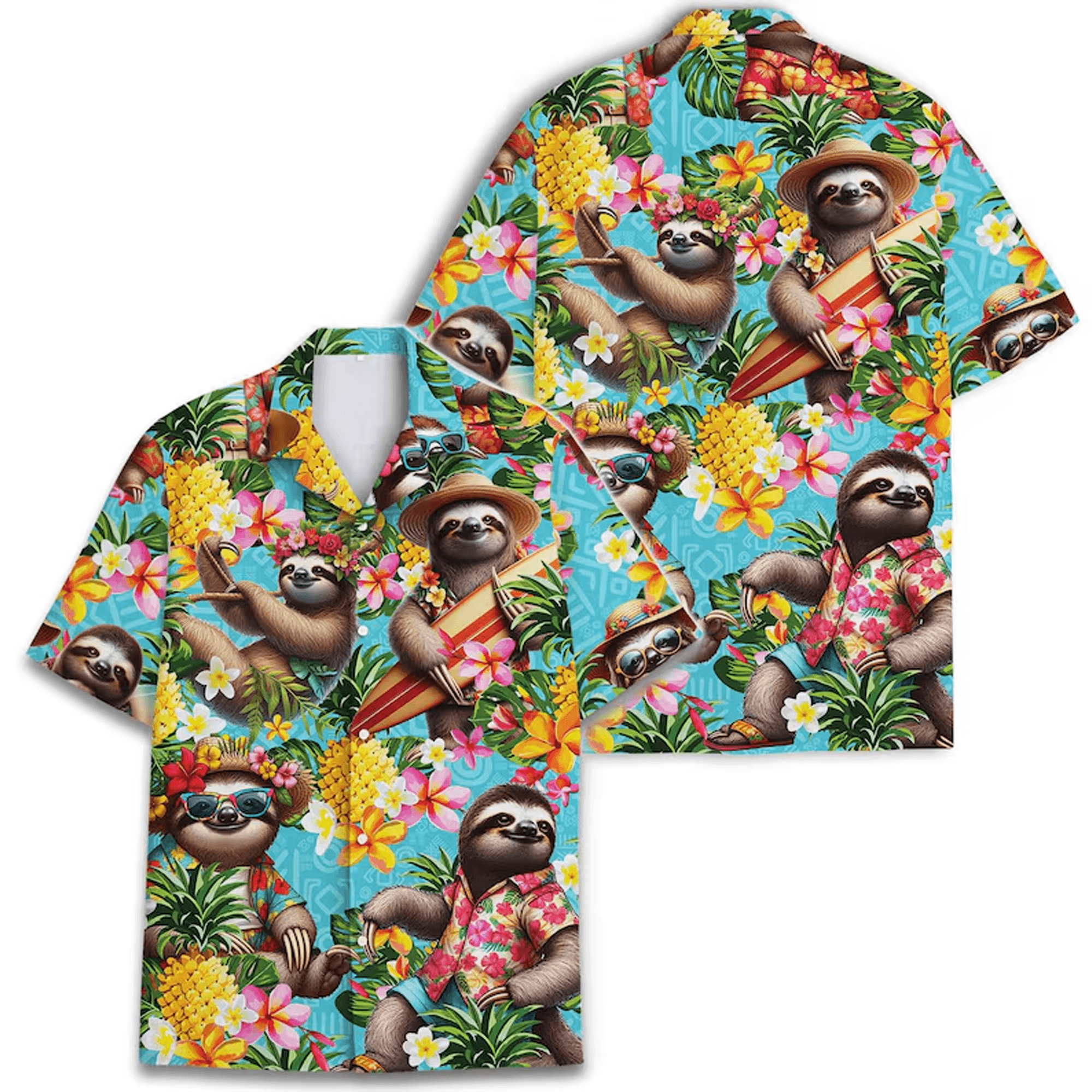 Pineapple Sloth Hawaiian Shirt  Funny Tropical Aloha Summer Button Down Short Sleeve Casual Shirt