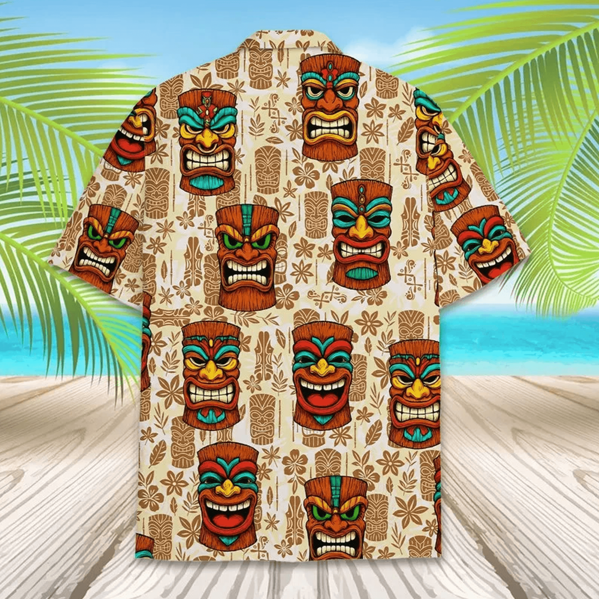 Tiki Mask Hawaiian Shirt  Aloha Beach Vacation Shirt for Men Women Youth Tropical Button Down
