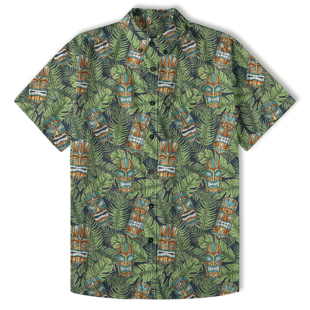 Surfing Tiki Mask Hawaiian Shirt  Aloha Flamingo Pattern Shirt Tropical Beach Button Down for Men