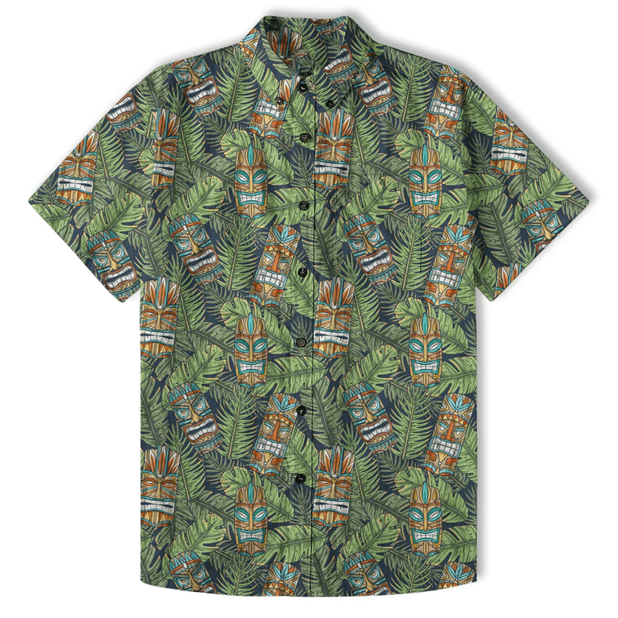 Surfing Tiki Mask Hawaiian Shirt  Aloha Flamingo Pattern Shirt Tropical Beach Button Down for Men