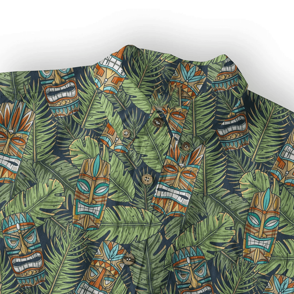 Surfing Tiki Mask Hawaiian Shirt  Aloha Flamingo Pattern Shirt Tropical Beach Button Down for Men