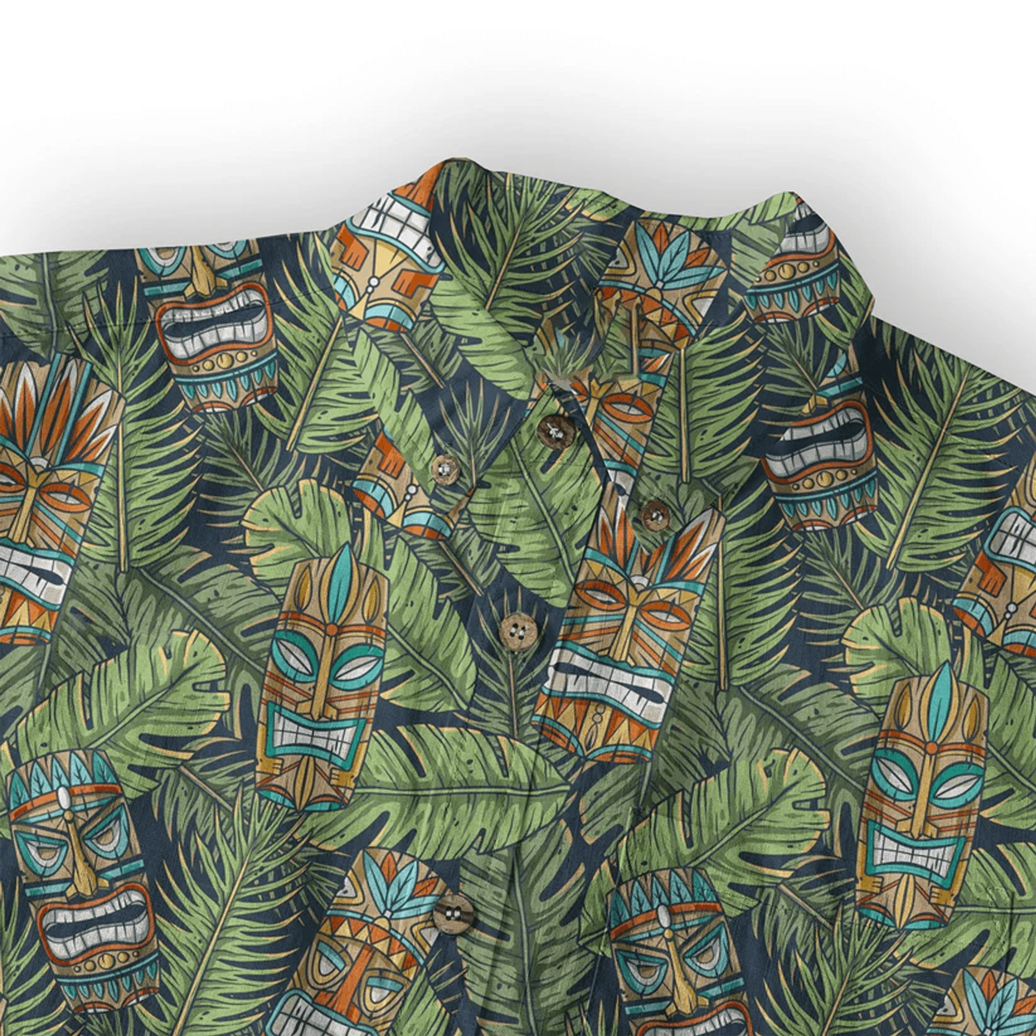 Surfing Tiki Mask Hawaiian Shirt  Aloha Flamingo Pattern Shirt Tropical Beach Button Down for Men