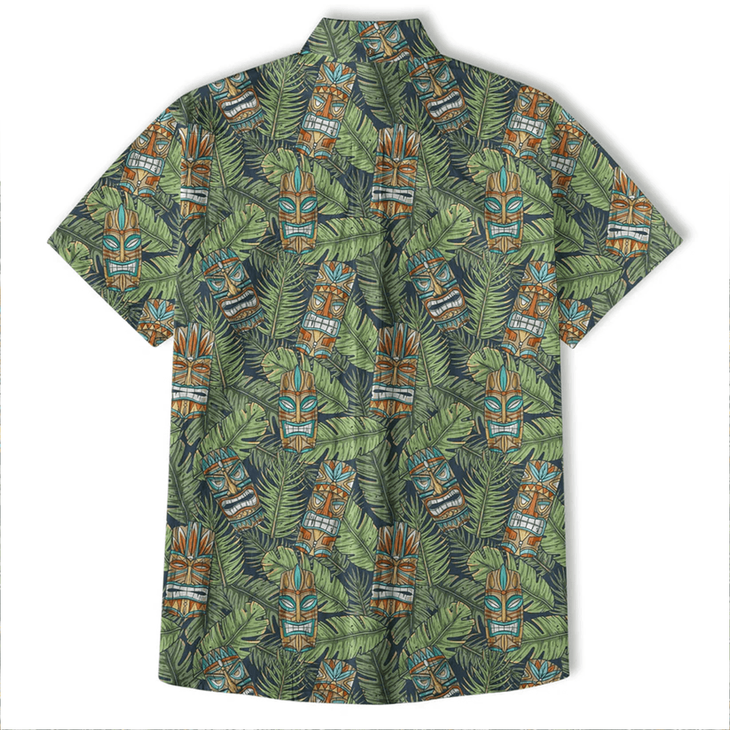 Surfing Tiki Mask Hawaiian Shirt  Aloha Flamingo Pattern Shirt Tropical Beach Button Down for Men