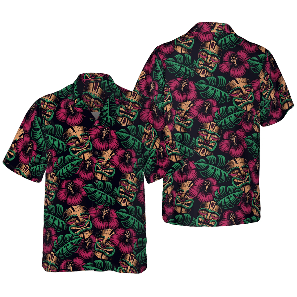 Retro Tiki Mask Hawaiian Shirt  Seamless Pattern Aloha Shirt Funny Tiki Shirt for Men Women
