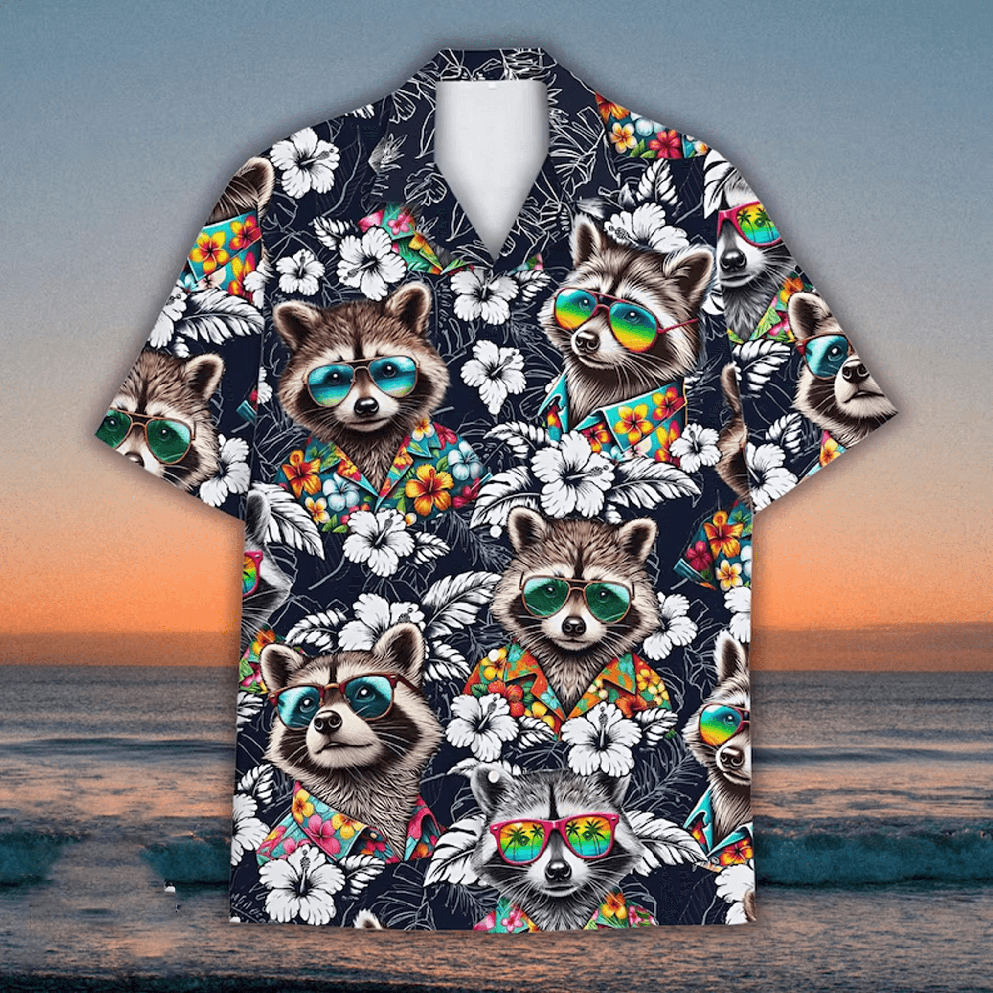 Tropical Raccoon Hawaiian Shirt  Aloha Beach Button Down for Men Women Youth
