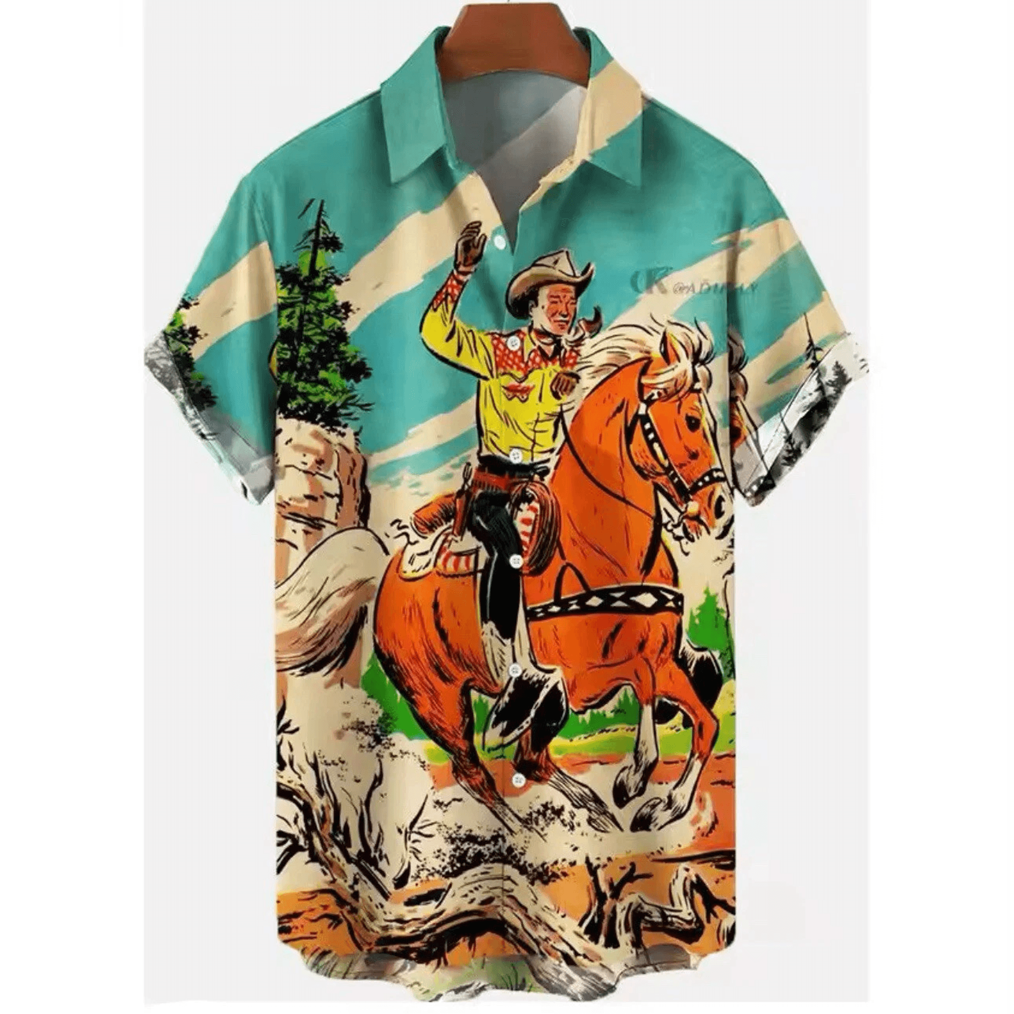 Men’s Cowboy Hawaiian Shirt XL  Western Aloha Button Down Short Sleeve Summer Outfit That Stands Out