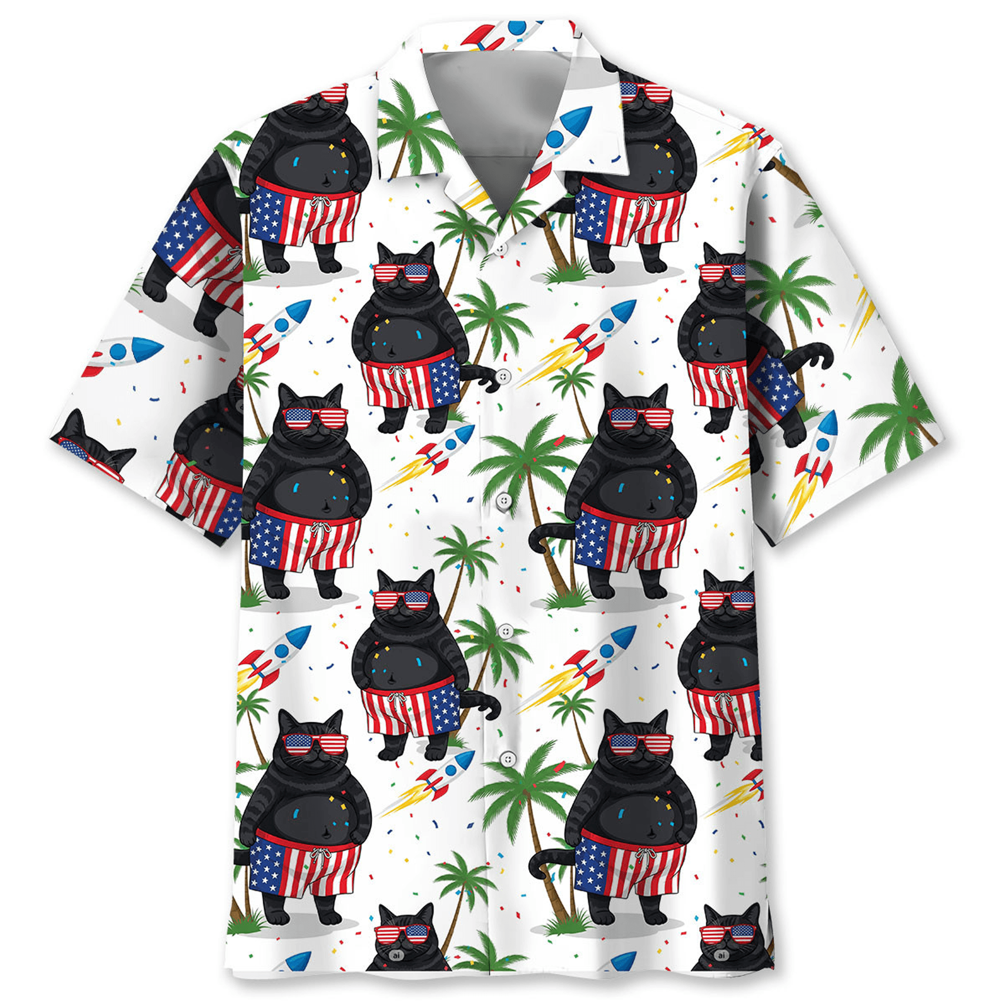 Black Cat Patriotic Hawaiian Shirt  Proud of America Aloha Button Down 4th of July Beach Outfit for Cat Lovers