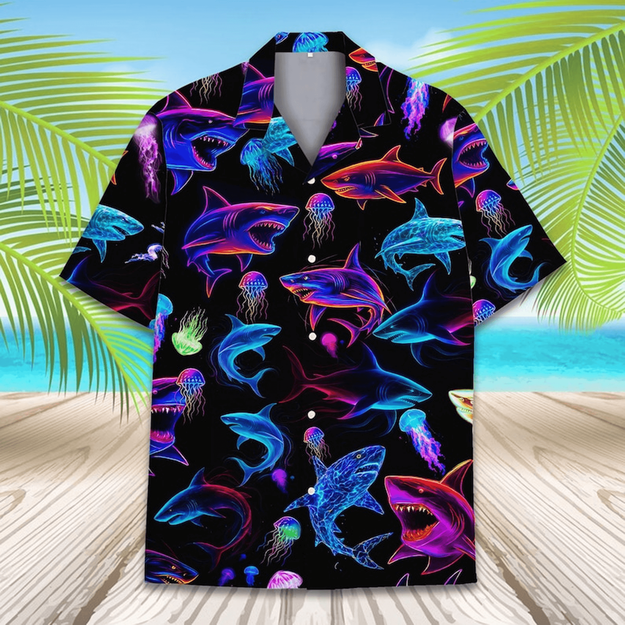 Neon Shark Hawaiian Shirt Cyberpunk Glow Aloha Button Up Festival Rave Beach Shirt That Stands Out