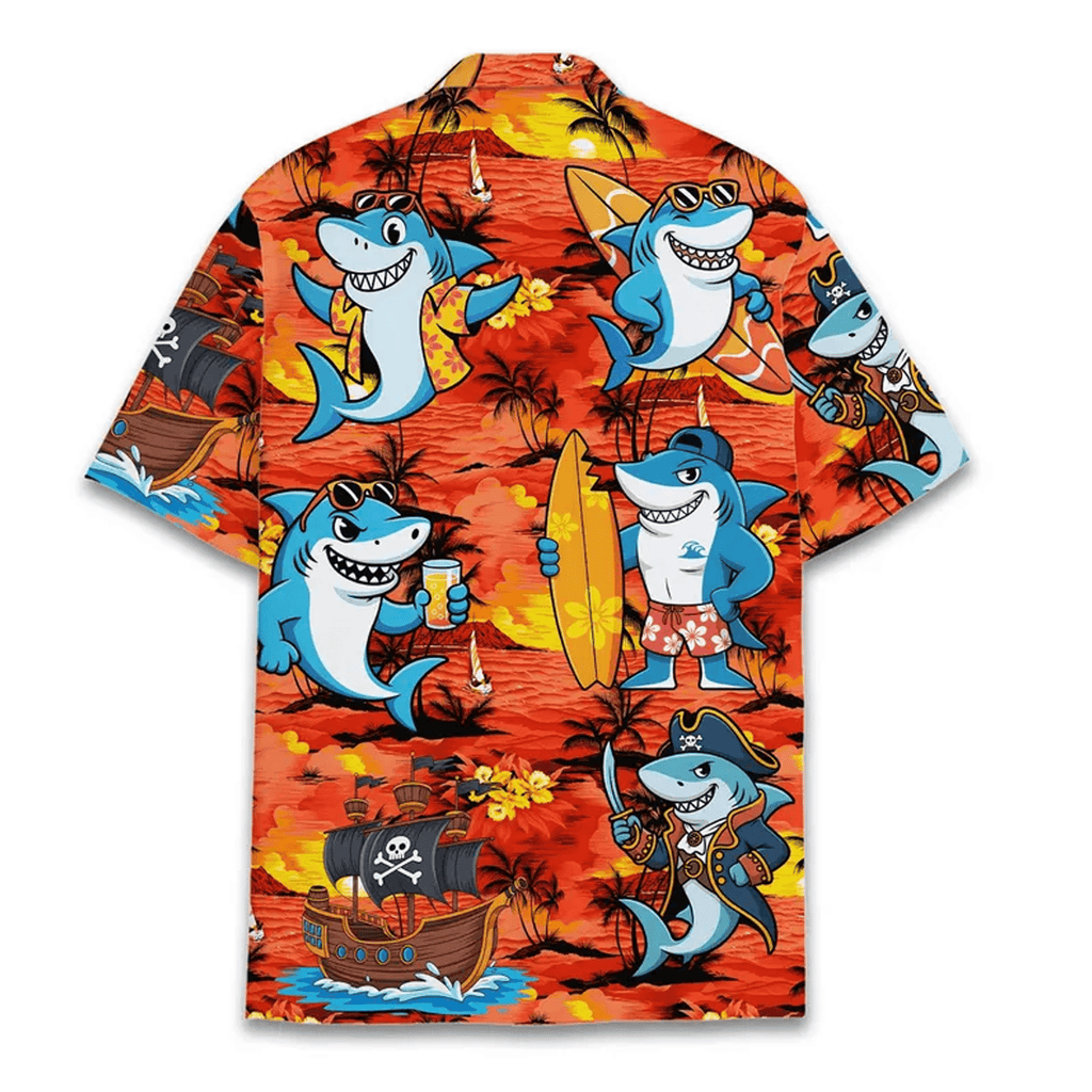 Surfing Shark Hawaiian Shirt  Funny Pirate Shark Aloha Shirt Beach Vacation Button Up for Men Women Youth