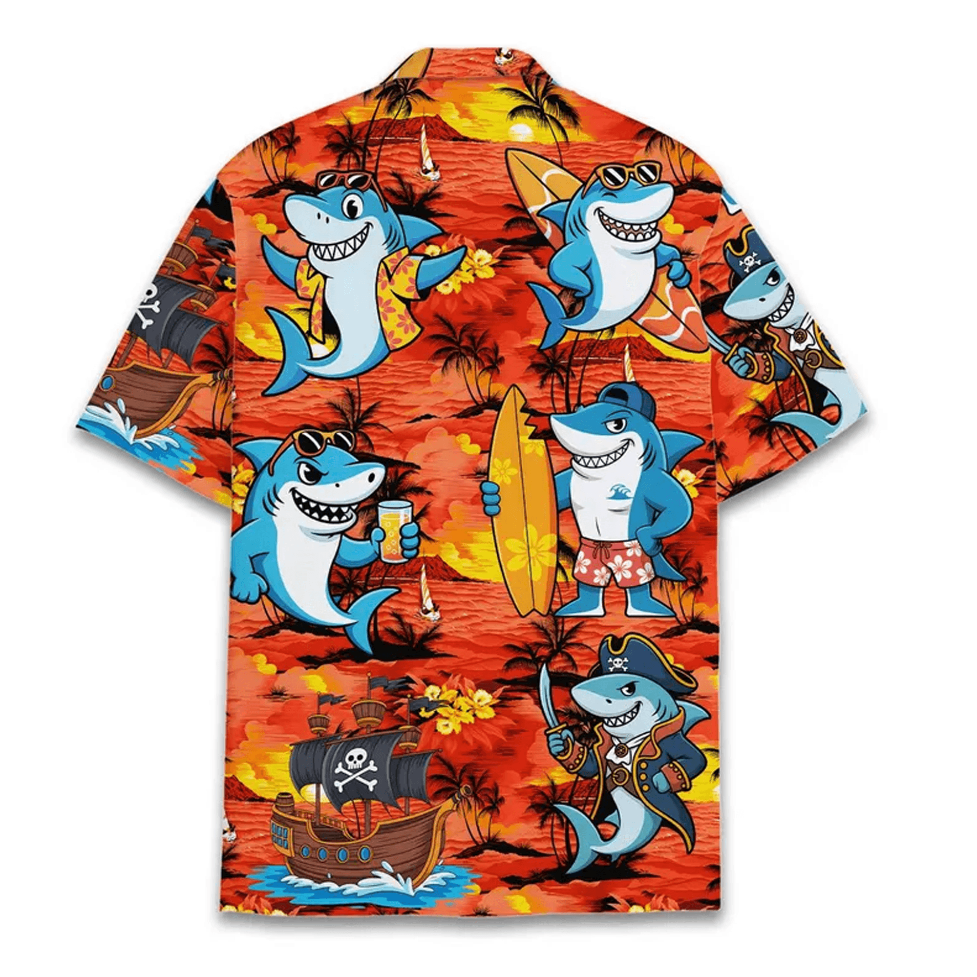Surfing Shark Hawaiian Shirt  Funny Pirate Shark Aloha Shirt Beach Vacation Button Up for Men Women Youth