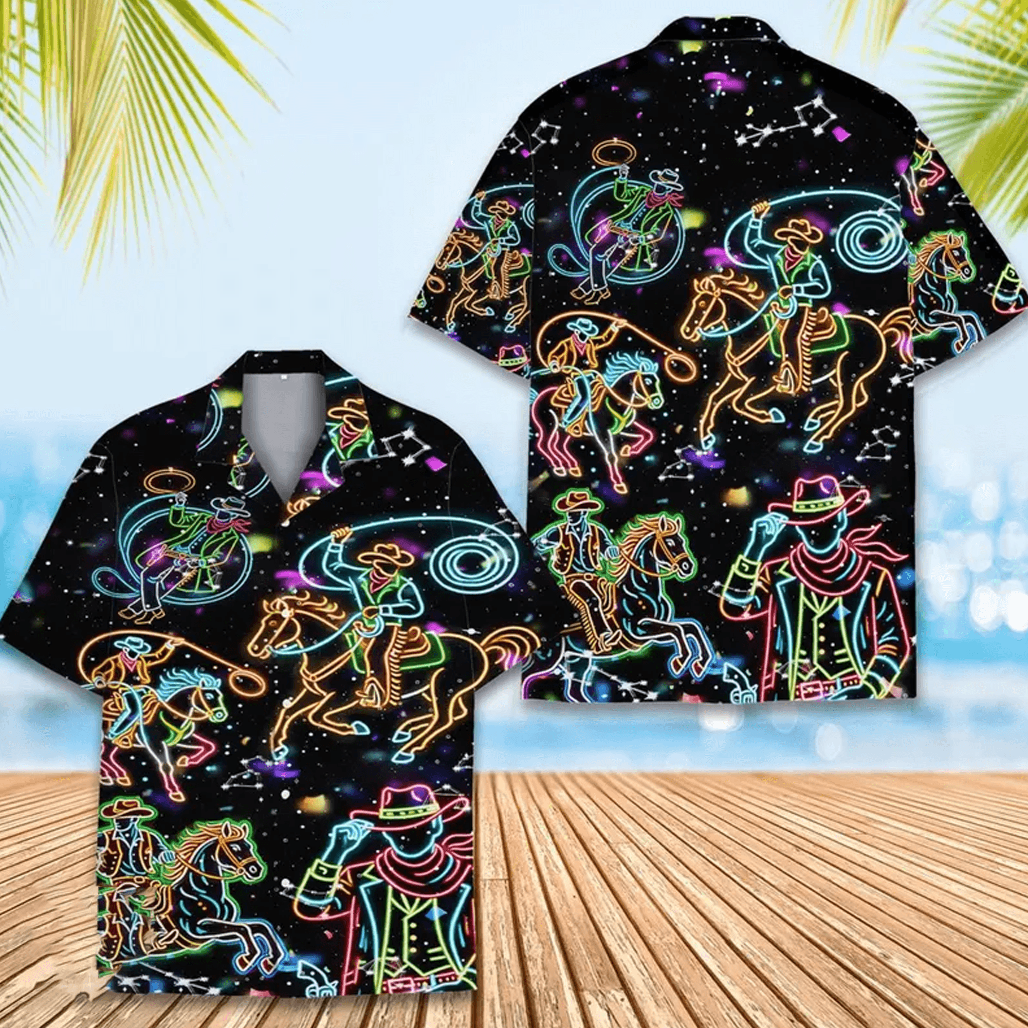 Neon Cowboy Hawaiian Shirt  Western Rodeo Aloha Button Down Festival Party Outfit That Stands Out