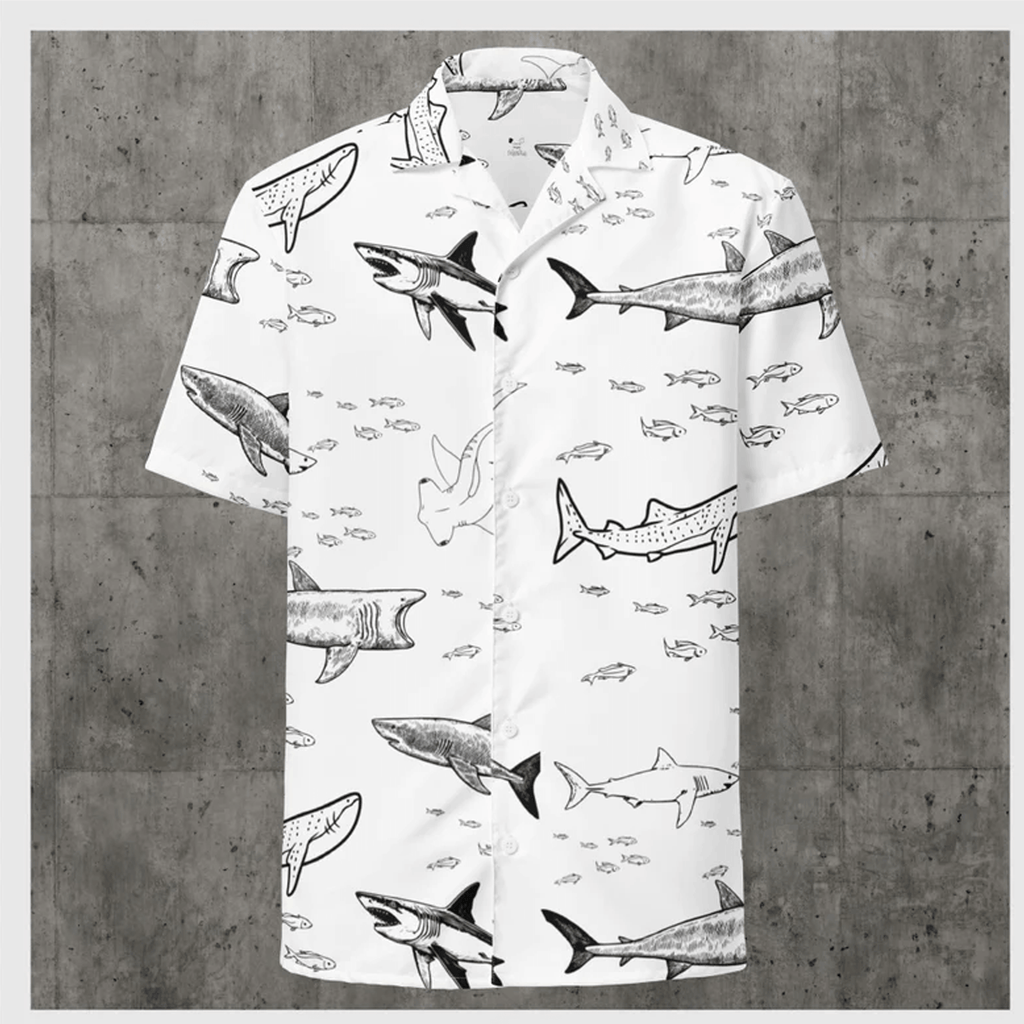 Shark Hawaiian Button Shirt  Ocean Shark Aloha Shirt Summer Beach Button Down