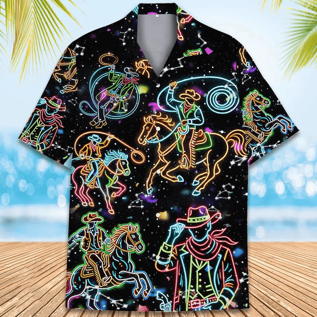 Neon Cowboy Hawaiian Shirt  Western Rodeo Aloha Button Down Festival Party Outfit That Stands Out