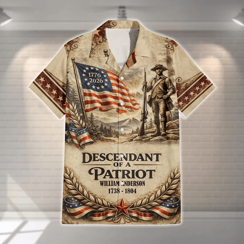 Personalized USA 250th Anniversary Hawaiian Shirt  Custom Descendant of Patriot 4th of July Aloha Shirt