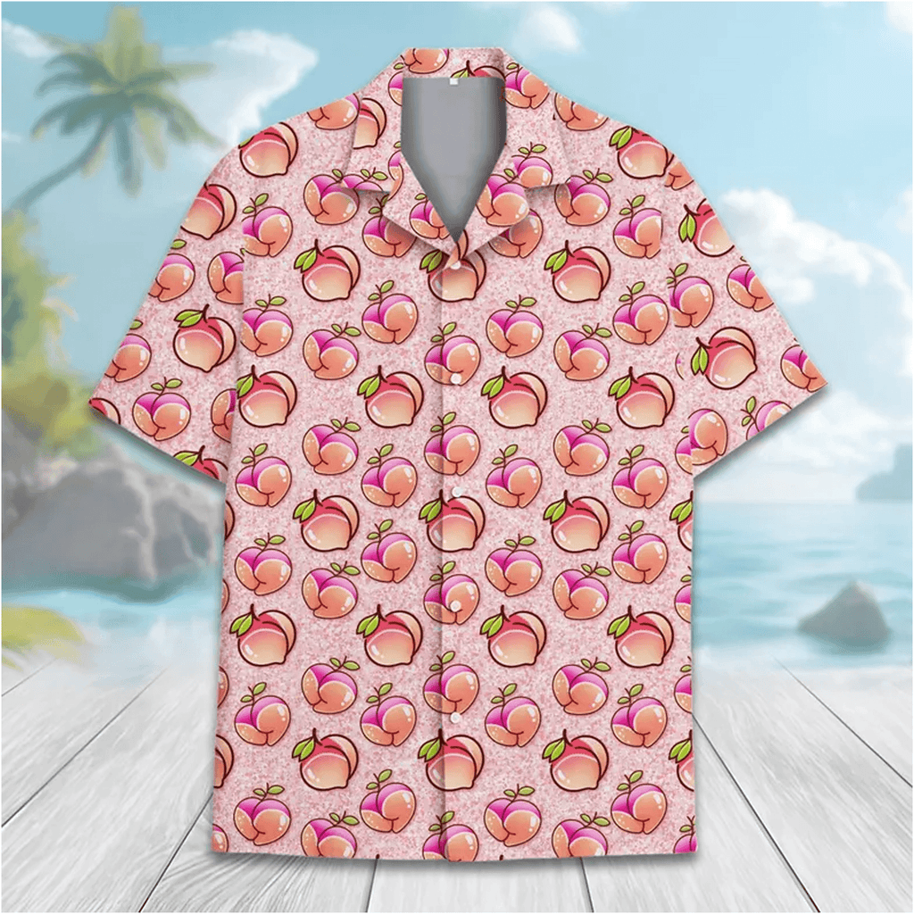 Pink Peach Hawaiian Shirt  Funny Peach Fruit Aloha Shirt Cute Summer Button Up for Adults & Youth