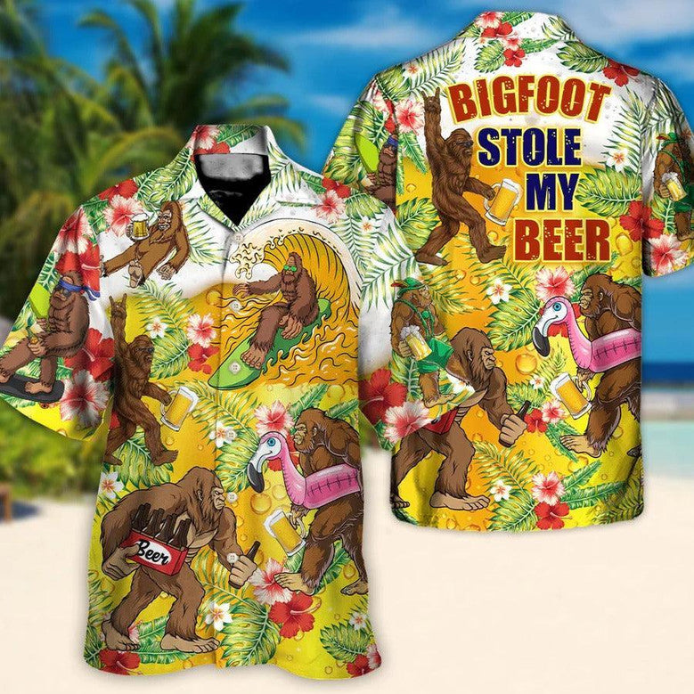 Beer Hawaiian Shirt Bigfoot Drinking Beer, Tropical Leaf Aloha Shirt for Men Women, Funny Summer Beach Shirt Gift for Beer Lovers
