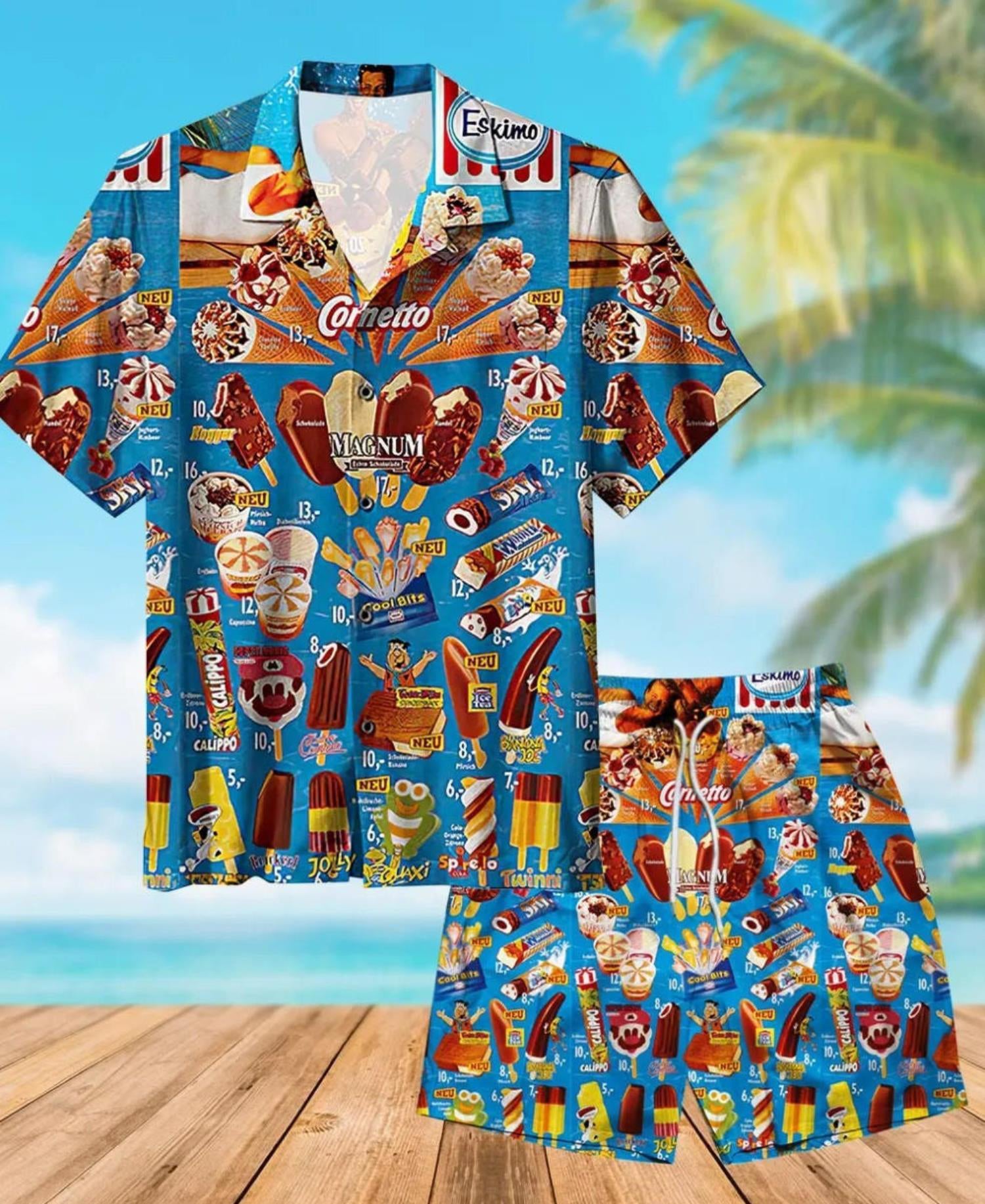 Ice Cream Unisex Hawaiian Shirt And Shorts, Summer Beach Outfit Set