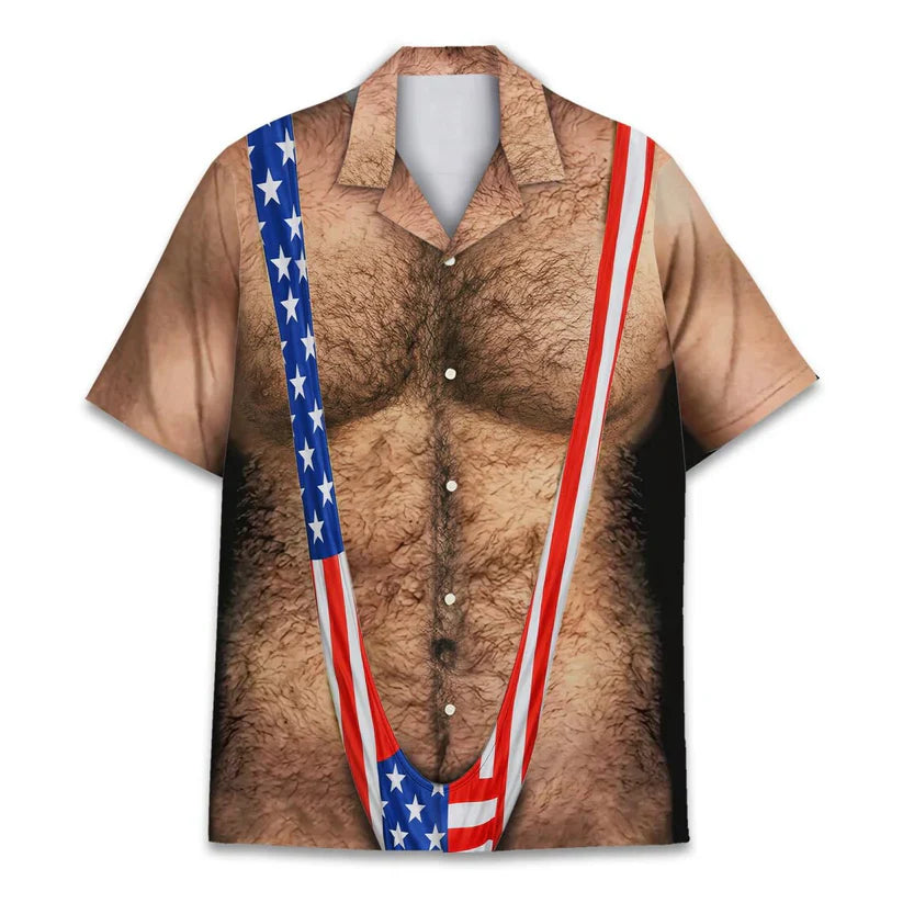 American Flag Funny Hawaiian Shirt for Men, Patriotic Chest Hair Illusion Aloha Shirt, 4th of July Button-Up, Independence Day Party Outfit