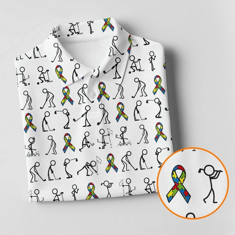 Men’s Autism Awareness Golf Polo Shirt – Stick Figure Golfer with Autism Ribbon, Puzzle Colors Performance Polo
