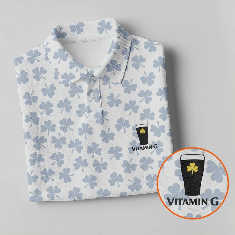 Vitamin G Shamrock Golf Polo Shirt for Men – St. Patrick’s Day Beer & Golf Shirt, Funny Irish Shamrock Pattern Polo, Lucky Golf Outfit Gift