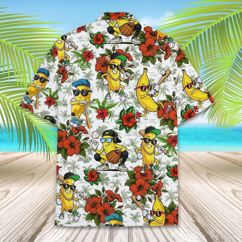 Banana Baseball Hawaiian Shirt for Men Women Youth, Funny Tropical Fruit Sports Shirt, Summer Beach Vacation Button Up, Aloha Short Sleeve Gift
