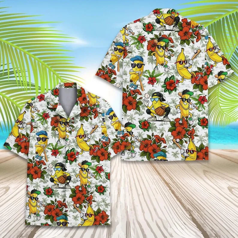 Banana Baseball Hawaiian Shirt for Men Women Youth, Funny Tropical Fruit Sports Shirt, Summer Beach Vacation Button Up, Aloha Short Sleeve Gift